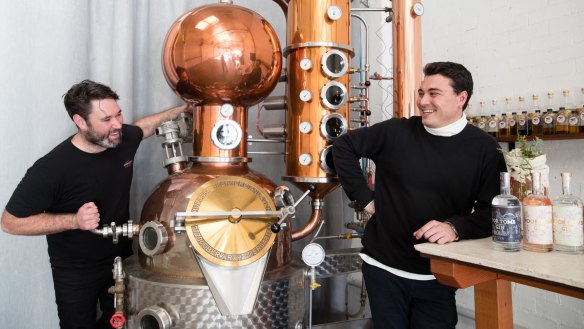 Poor Toms co-owners Jesse Kennedy (left) and Griffin Blumer at their gin distillery in Marrickville, Sydney.