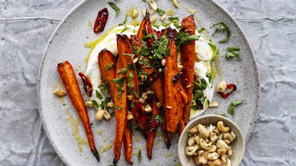 Chilli-roasted carrots with cashews.