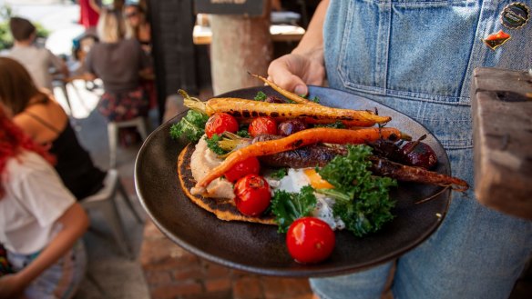 Sweet potato flatbread, cauliflower puree, roast cherry tomatoes, beetroot, carrot and sauteed kale at Bayleaf.