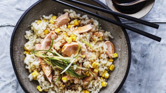 Simplicity and practicality: Adam Liaw's salmon and corn rice will please kids and adults alike.