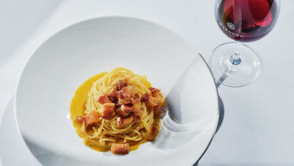 Spaghetti carbonara at La Vetta at Marnong Estate in Mickelham.