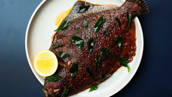 Whole flounder, espelette pepper and fried curry leaves.