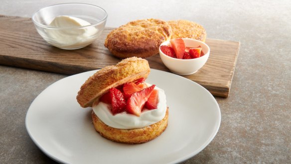 This version of strawberry shortcake is made with American-style biscuits.
