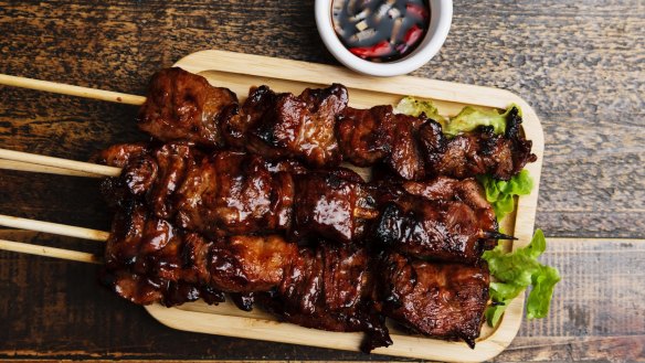 Juicy pork skewers with sweet barbecue sauce at Mama Lor.