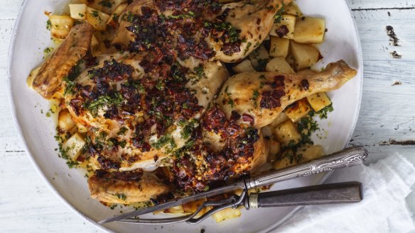 Cooking Adam Liaw's roast chicken with bacon, on potatoes? Keep it balanced with a radicchio salad on the side.