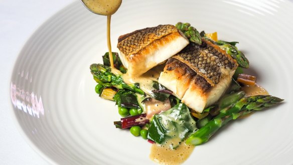 Trumpeter with rainbow chard, peas, asparagus, beurre blanc at Banksia restaurant, Pambula. 