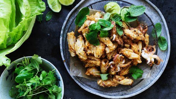 Chilli salt and pepper squid lettuce cups.