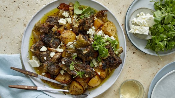 Karen Martini's slow-roasted lamb flavoured with garlic, fresh bay and dried Greek oregano (