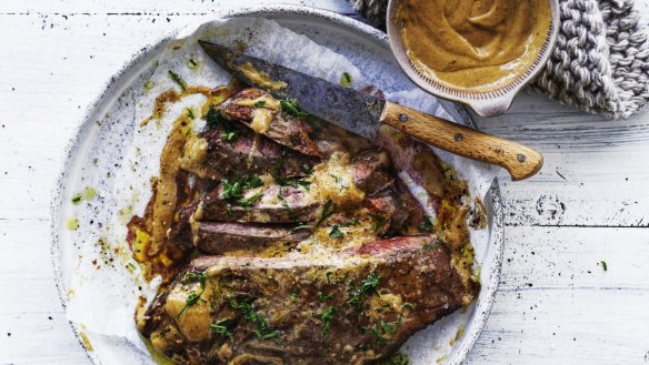 Flank steak with mustard cream sauce.