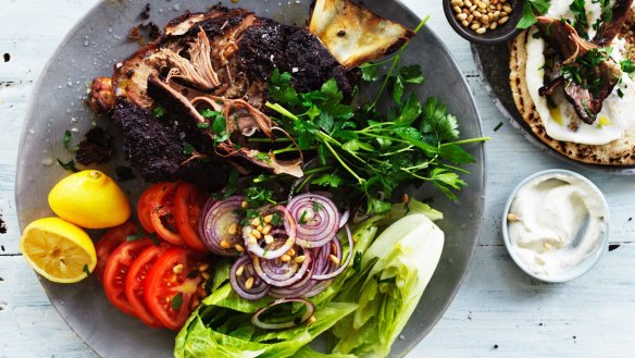 Lamb shoulder shawarma to be stuffed inside pita pockets.