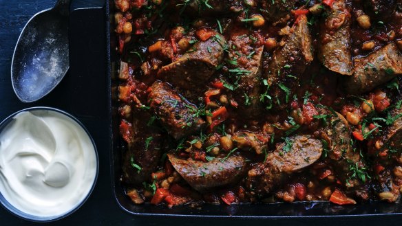 Lamb sausage stew with red butter.