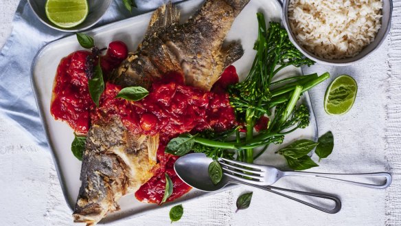 Fried whole fish with spicy Thai tomato relish.