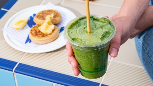 Post-swim crumpets and a green smoothie at Oh Boy cafe.