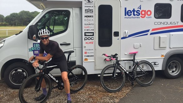 John Mergler, ready for the bicycle leg of the daily half-marathon at Centennial Park.