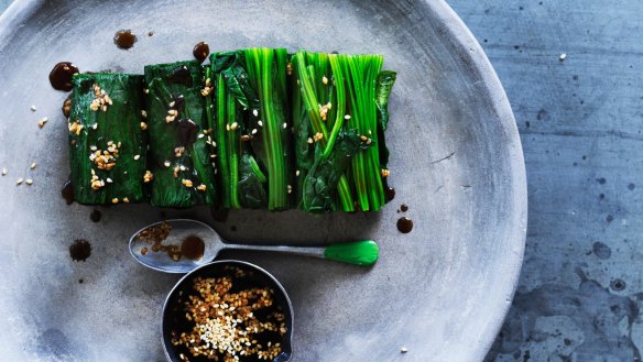 Spinach with lemon, soy and sesame dressing.