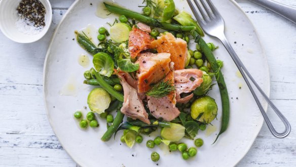 Jill Dupleix's hot smoked salmon with greens.
