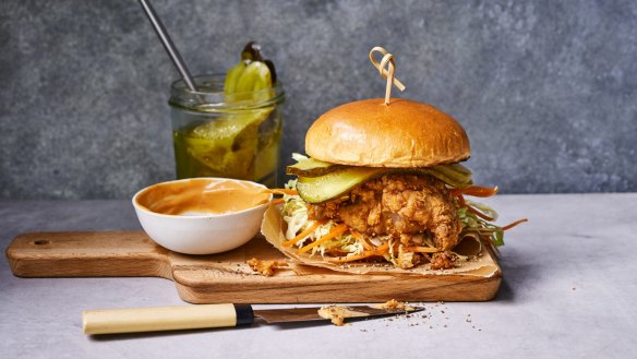 Buttermilk fried chicken burgers with pickle slaw and chipotle mayo.