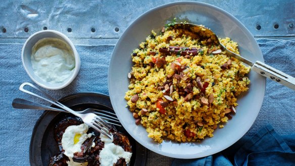 Moroccan couscous with harissa glazed eggplant.