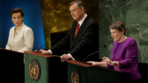 UN Development Program chief and former New Zealand prime minister Helen Clark (right) speaks during the debate as former UN climate chief Christiana Figueres and former Slovenian president Danilo Turk await their turn.