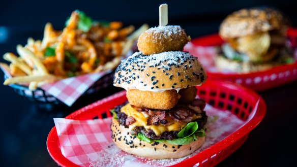 A 'Cheese Louise' special with three mac and cheese balls (centre) at Baby Rey's Burgers in Marrickville.