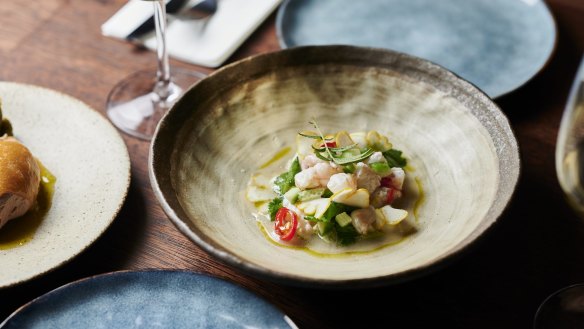 Prawn ceviche with sees sweet prawns quickly tossed in lime, sea salt and feijoa juice.