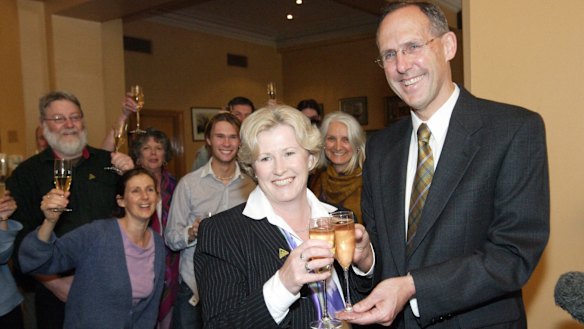 Christine Milne with Senator Bob Brown after  Christine Milne won her Senate seat in 2004.