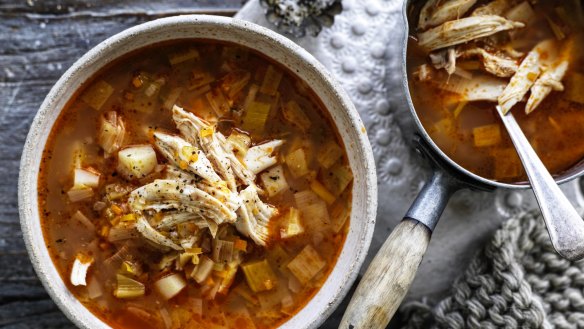 This simple chicken and vegie soup uses a whole chicken.