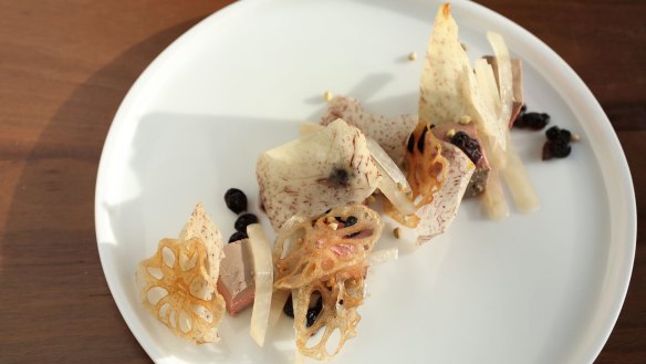 The chicken liver parfait with umeshu-marinated currants, dried taro and lotus root crisps.