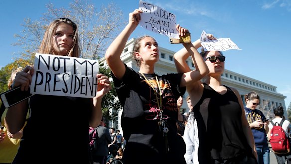 Albany High School students Lily Hopwood, Lulu Lebowitz and Tanan Javkhlantugs joined other high school students on a march to the University of California, Berkeley campus on Wednesday.