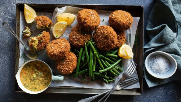 Fish cakes with creamy tomato buer blanc sauce at Three Blue Ducks, Sydney. 