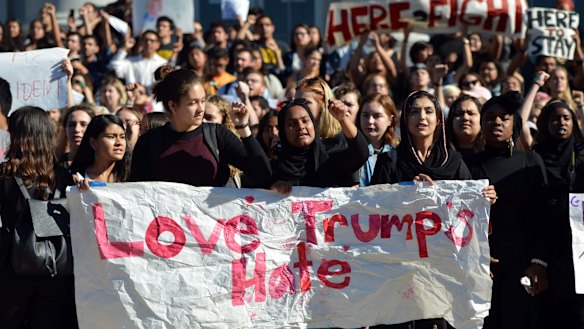 Protesters gather in front of Sproul Hall at the University of California Berkeley campus on Wednesday.