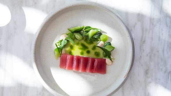 Tuna crudo, mullet baccala, cucumber, lemon myrtle, greens at Raes on Wategos, Byron Bay. 