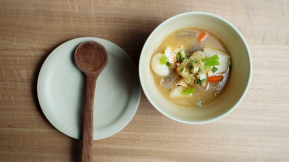 Red miso soup is as chunky as minestrone.