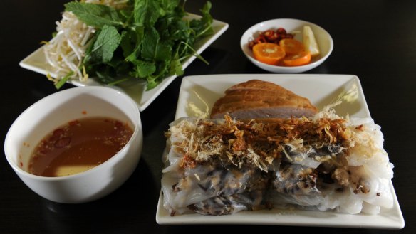 Banh cuon nhan (pork and prawn filled steamed rice paper rolls) at Vietnamese eatery Xuan Banh Cuon.