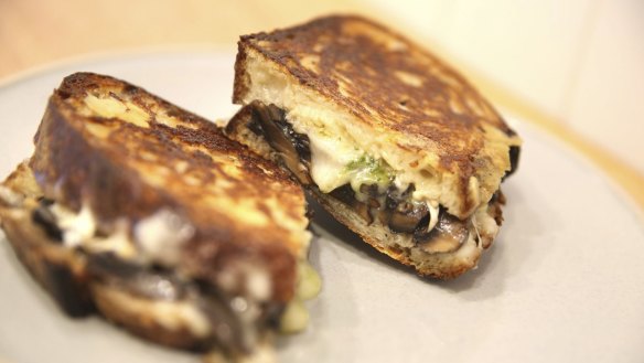 Three mushroom toasted sandwich on sourdough.