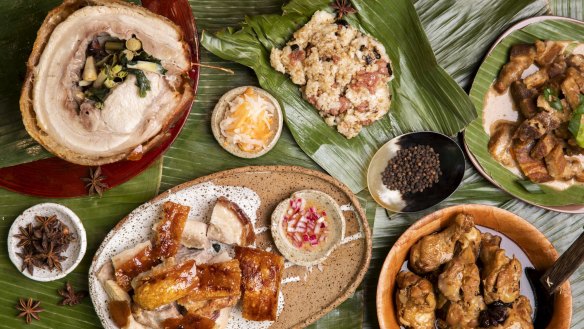 Clockwise from left: Cebu lechon (charcoal roast pork); longanisa fried rice; crisp bicol xpress (spicy fried pork belly in coconut curry); and humba na manok (braised soy chicken) from Sydney Cebu Lechon in Enmore.