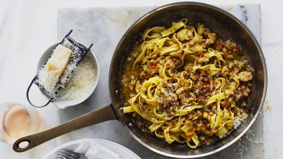 Soaked broad beans give Neil Perry's vegetarian fettuccine a super-creamy texture.