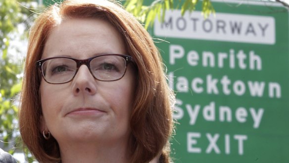 Julia Gillard during a media conference near the M7 motorway in Sydney.