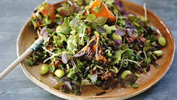 Salad dressing recipes for Good Food online. Ginger, miso and sesame dressing with roast pumpkin, wild rice and edamame salad. Please credit Katrina Meynink