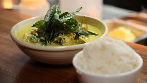 Green curry of organic chicken and market vegetables.