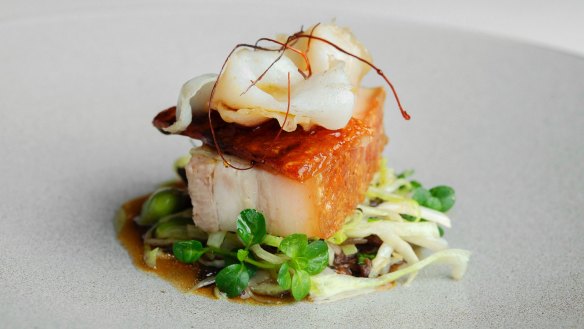 Pork belly pork with eggplant, abalone and edamame.