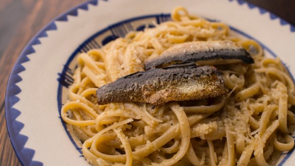 Cacio e pepe with cured sardines. 