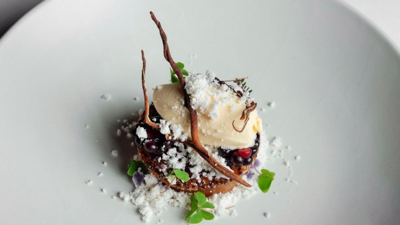 Pear with malted ice-cream, blackberry and quinoa.