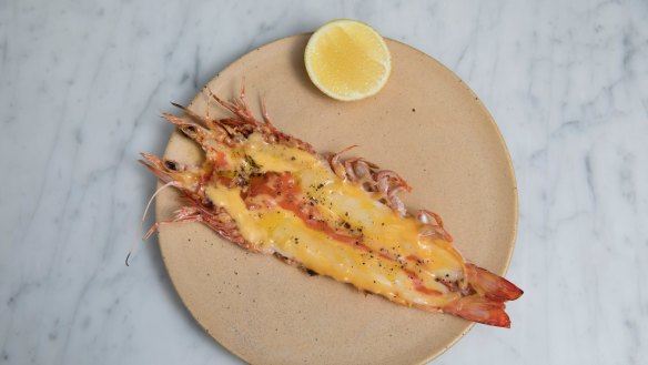 King prawn, split grilled and slathered with golden duck egg yolk, cured with salt and sugar.