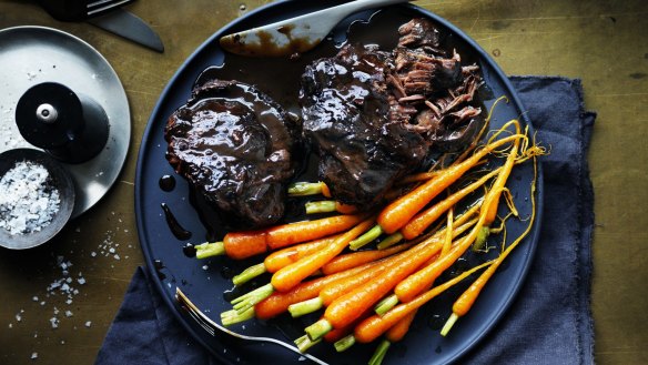 Braised beef cheeks with baby carrots by Neil Perry.