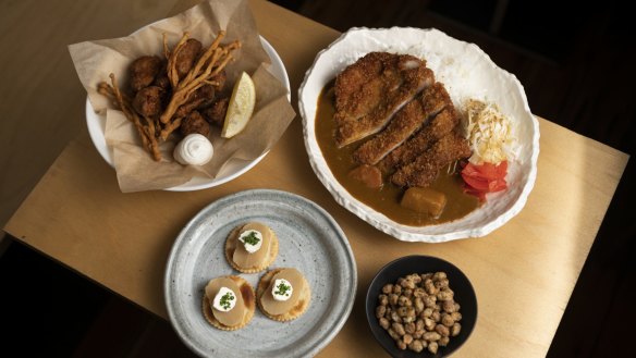 From left: Mixed mushroom karaage, pork katsu curry rice, salt and vinegar soybeans and cream cheese takuan. 