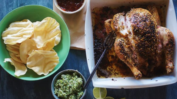 Indian spiced chicken with coconut and mint sambal, chutney and pappadums.