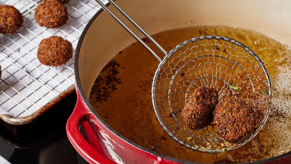 Cooking falafels using a Dutch oven. 