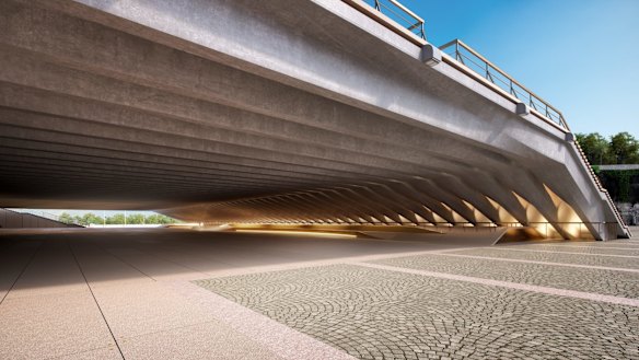 Under the steps at the The Opera House entry.