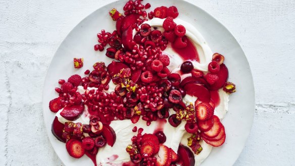 Adam Liaw's red fruit salad with cherry and rosewater cream.